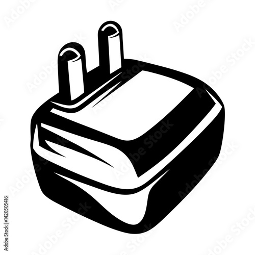 A stylized black and white illustration of a two prong electrical plug