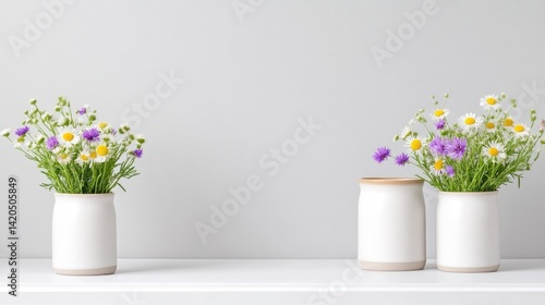 Simple, minimalist floral arrangement in ceramic vases.  Fresh spring flowers in white, purple, and yellow against a neutral backdrop