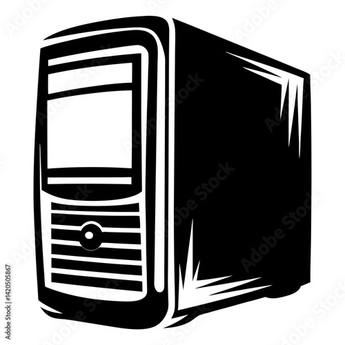Vector illustration of a computer tower unit in black and white