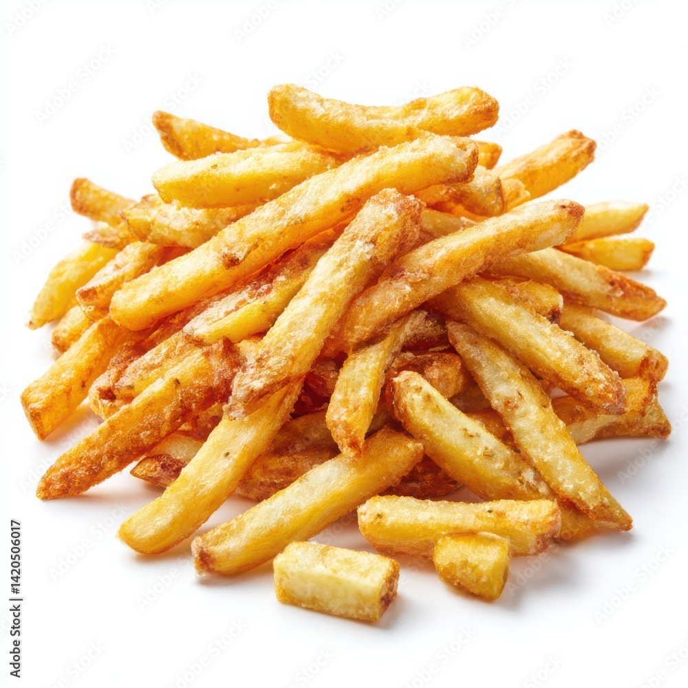 Pile of golden fries, close up view on white background Pile of golden fries, close up view on white background