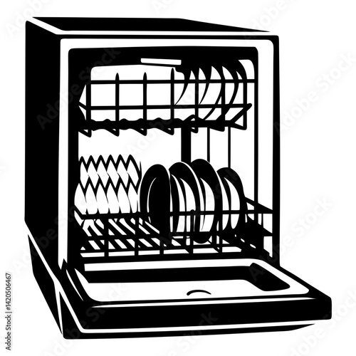 Black and white illustration of a dishwasher with the door open and dishes