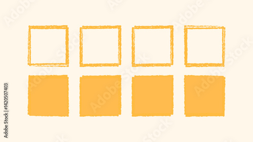 Rough square frame set with mixed media. Grunge brushstroke textures and pastel childlike sketches. Hand drawn elements. Vector illustration