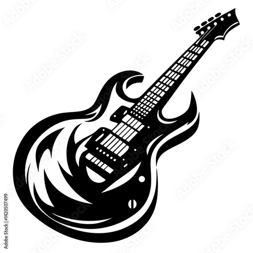 Bold and Graphic Black and White Electric Guitar Illustration with Tribal Flames