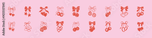 Set of hand drawn doodle cherry style design elements with cute ribbon bows. Linocut casino, wedding, bachelorette party, engagement, valentines day vector illustration. Whimsical girly drawing