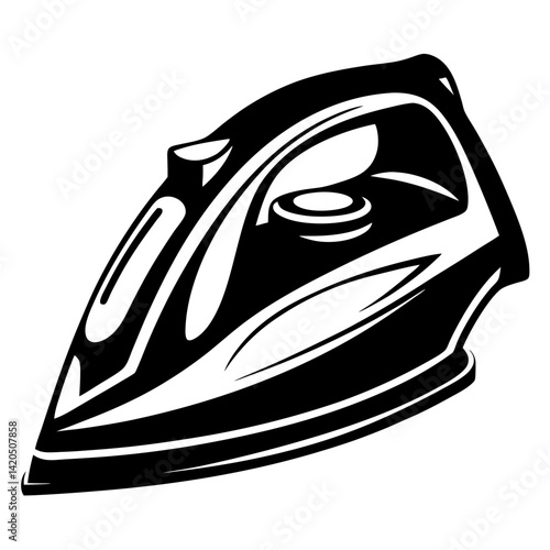 Stylized black and white illustration of an electric iron for clothes