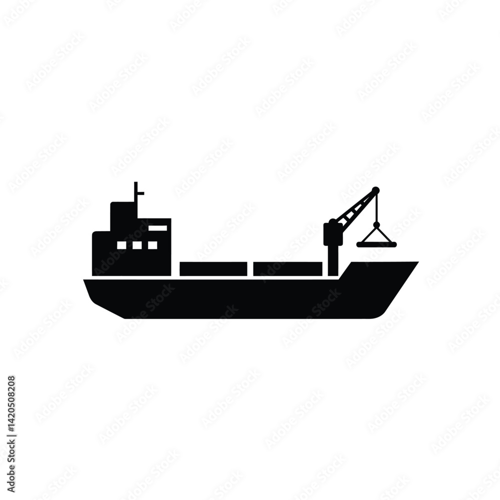 Obraz premium Black Silhouette Of A Cargo Ship With Crane For Commercial Use