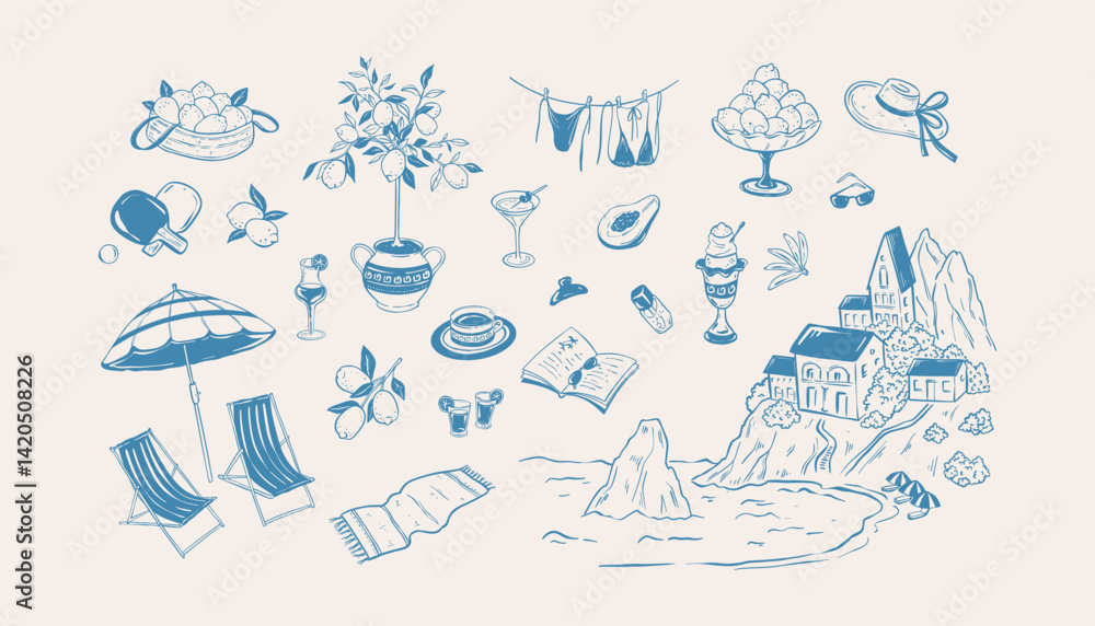 Fototapeta premium Italian seaside summer vacation hand drawn doodle elements set. Amalfi, Sicily, Positano coast. Lemon aesthetic in la dolce vita style. Vintage coastal background. Mediterranean Sea landscape