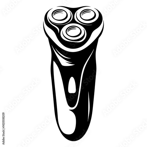 Monochromatic illustration of an electric rotary shaver with three circular heads