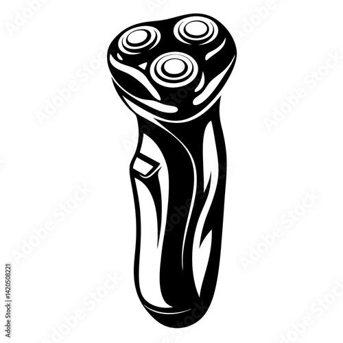Stylized black and white illustration of an electric shaver with a threehead design