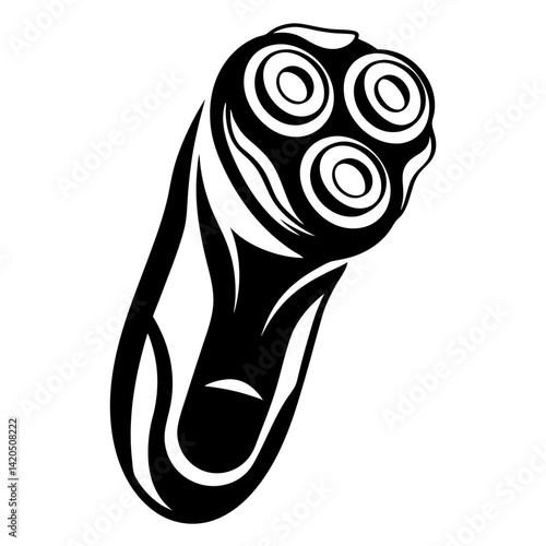 Stylized black and white illustration of a modern electric shaver design