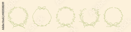 Hand drawn sketch spring floral borders collection. Laurel, lily of the valley, olive, grass, summer flowers filigree victorian style borders. Coquette whimsical girly frames with ribbon bows