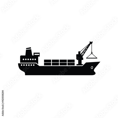 Cargo Ship Vessel Silhouette With Crane For Freight Shipping And Transportation