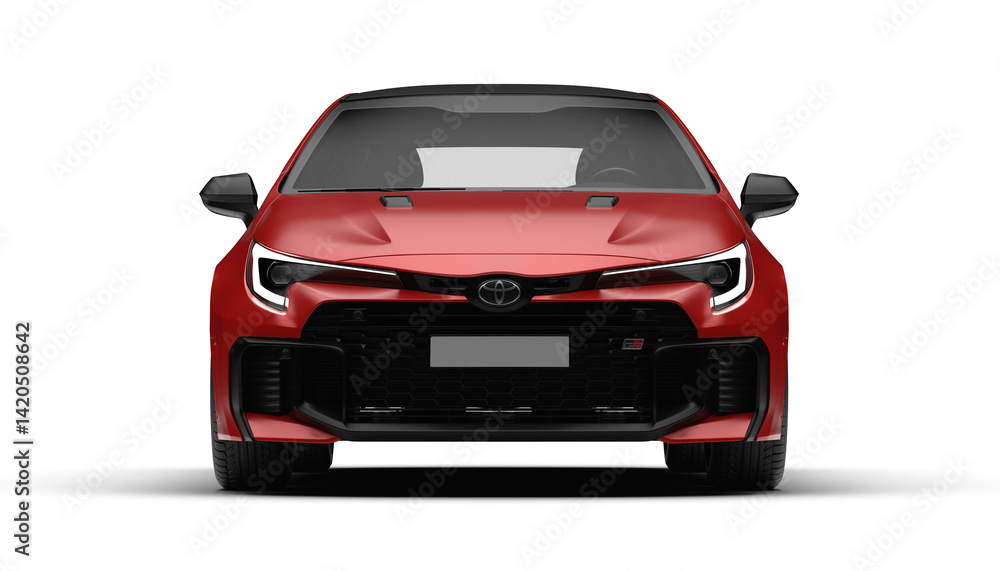 Naklejka premium Front view of red Toyota Corolla GR 2025 model with transparent background.