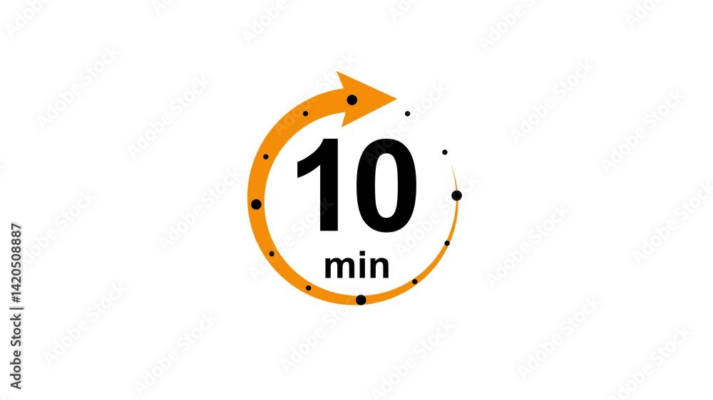 10 minute timer symbol, isolated on transparent white background with alpha channel. 10 min time circle icon .Animation timer icon with 10 min Clock, stopwatch, cooking time label ,arrow orange color.