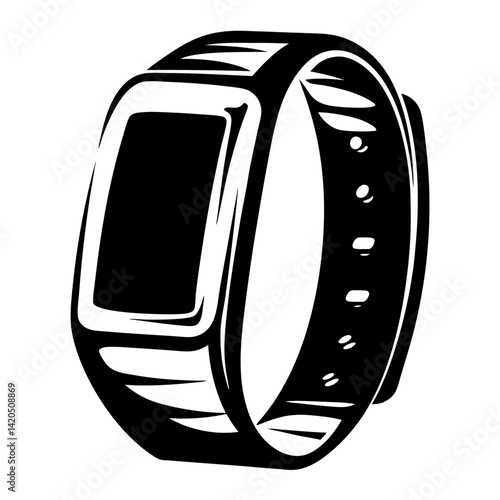 Monochrome illustration of a fitness tracker wristband with adjustable strap design