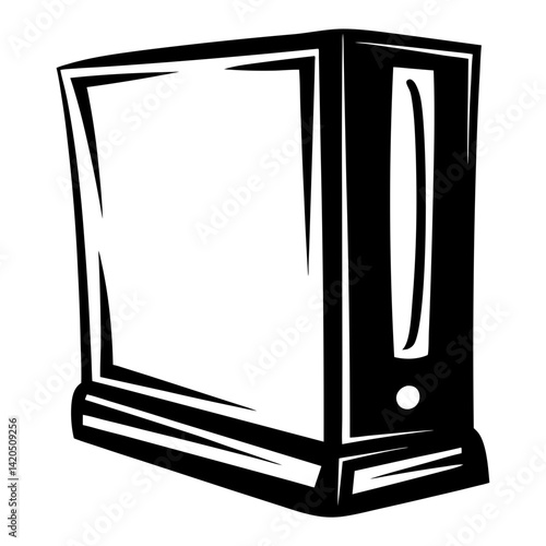 A stylized black and white image of a desktop computer tower