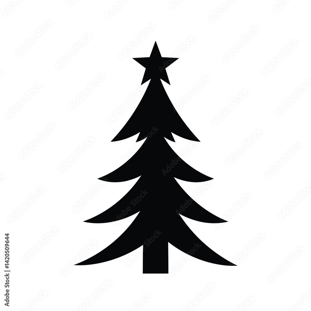 Fototapeta premium Simple Black Christmas Tree Icon With Star On Top Vector Illustration