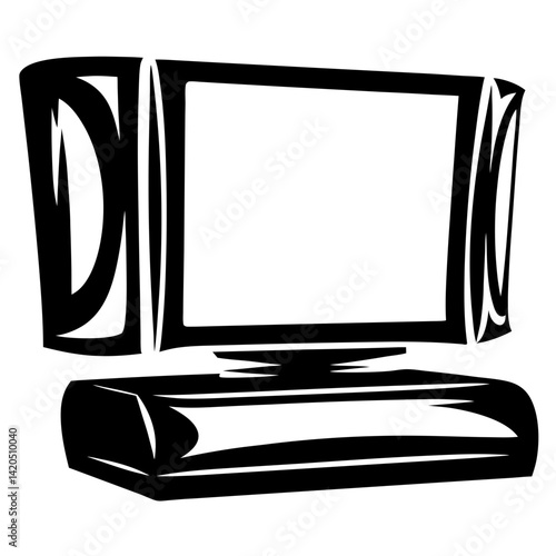 Vintage Computer with Monitor and Base in Monochrome Black and White