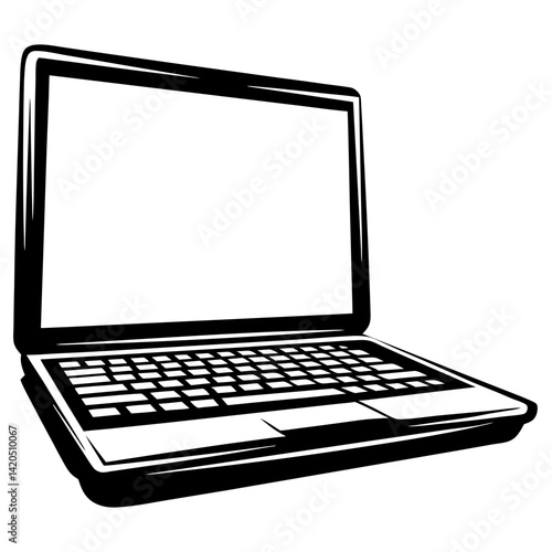 Stylized black and white laptop illustration with screen keyboard and touchpad
