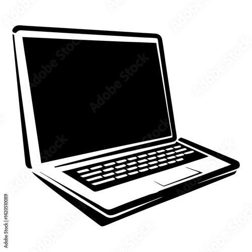 Stylized black and white vector illustration of a laptop computer on display