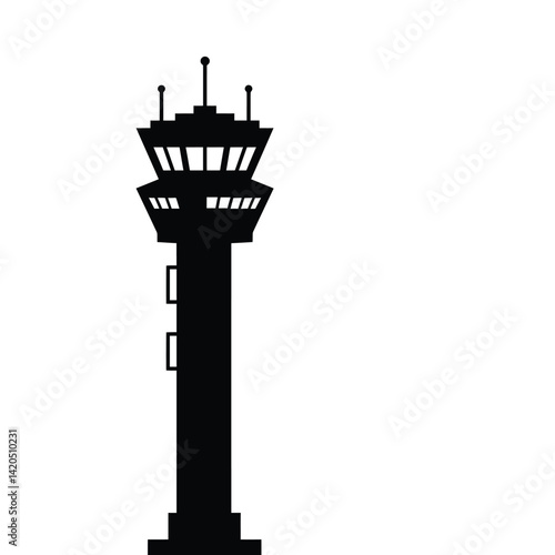 Black Silhouette Illustration Of An Airport Control Tower On White Background