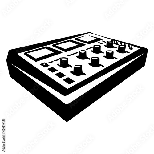 Monochrome vector illustration of a music production device with multiple knobs