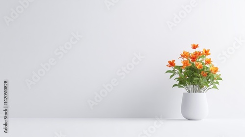 A white ceramic vase holding vibrant orange flowers on a minimalist white table against a plain background, and modern interior decor concept.