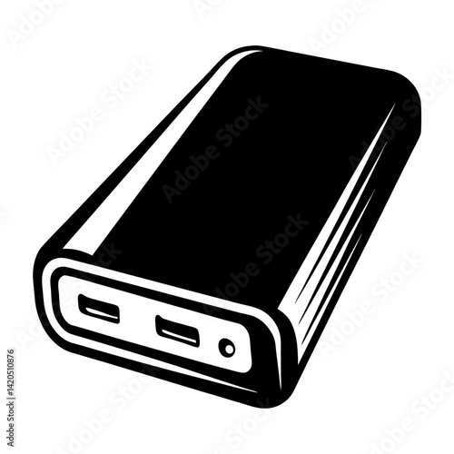 Monochrome illustration of a portable power bank with USB ports for charging devices