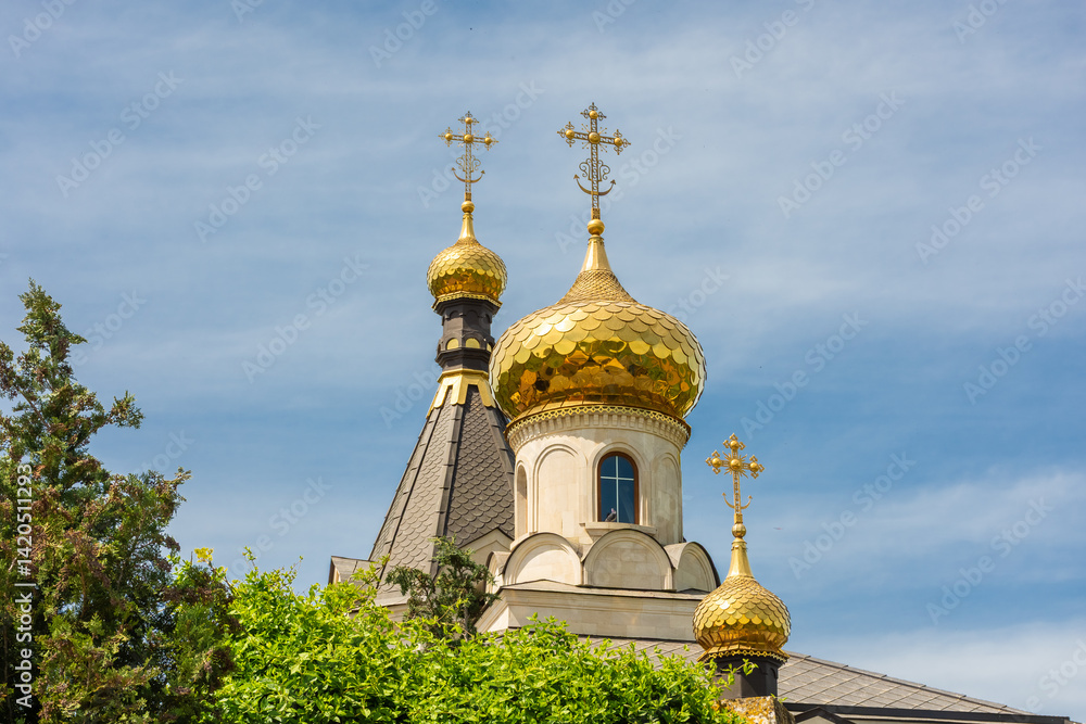 Golden domes of the Orheiul Vechi Monastery in Butuceni, Moldova
