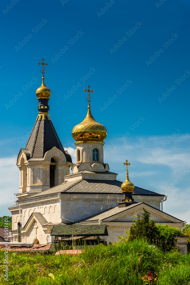 Golden domes of the Orheiul Vechi Monastery in Butuceni, Moldova