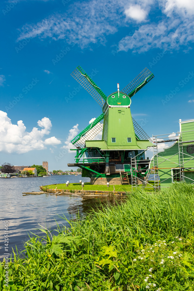 Beautiful windmills in the countryside area of Zaanse Schans, Netherlands