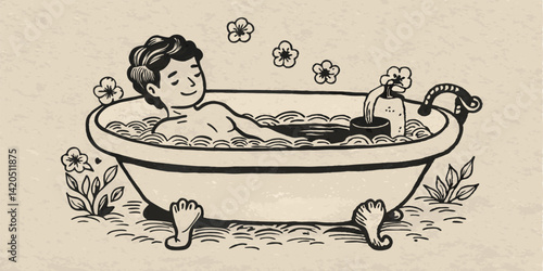 A person taking a relaxing bath monochrome vintage image. Flat vector illustration.