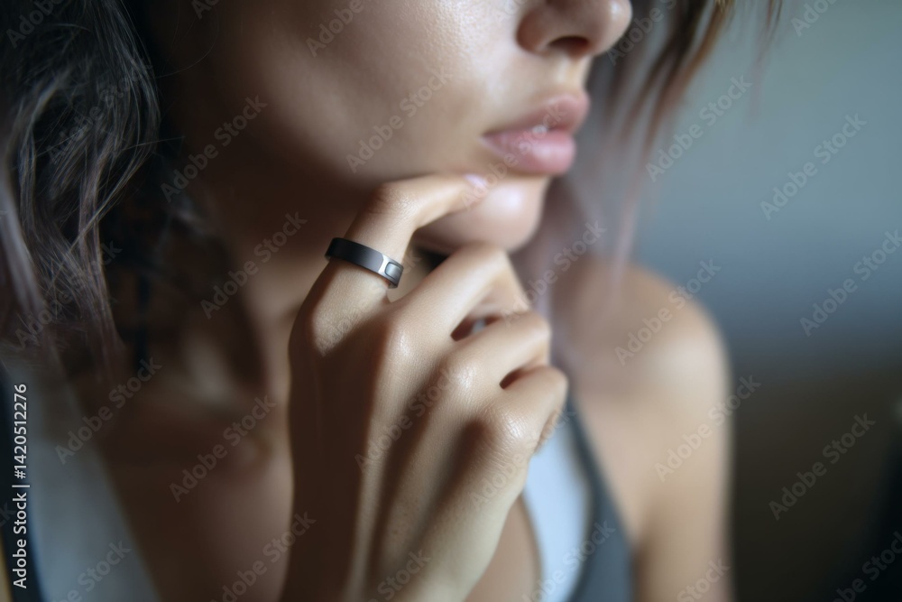 Pensive woman with modern ring, gently touching her chin, her hair framing her face with soft, diffused lighting Pensive woman with modern ring, gently touching her chin, her hair framing her face with soft, diffused lighting