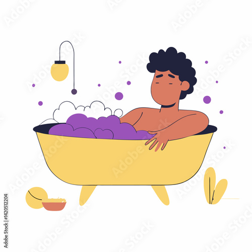 A person taking a relaxing bath image. Flat image isolated on white background. Vector illustration.