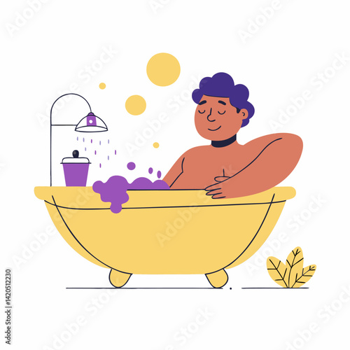 A person taking a relaxing bath image. Flat image isolated on white background. Vector illustration.