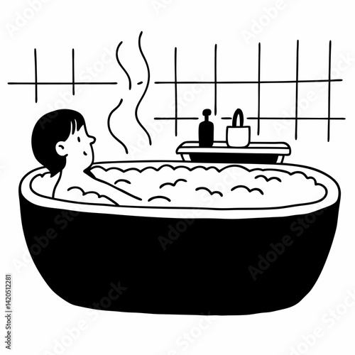 A person taking a relaxing bath outline simple image. Flat style. Vector illustration.