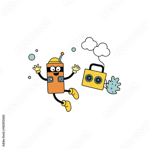 Cartoon Scuba Tank And Flippers Grooving Underwat