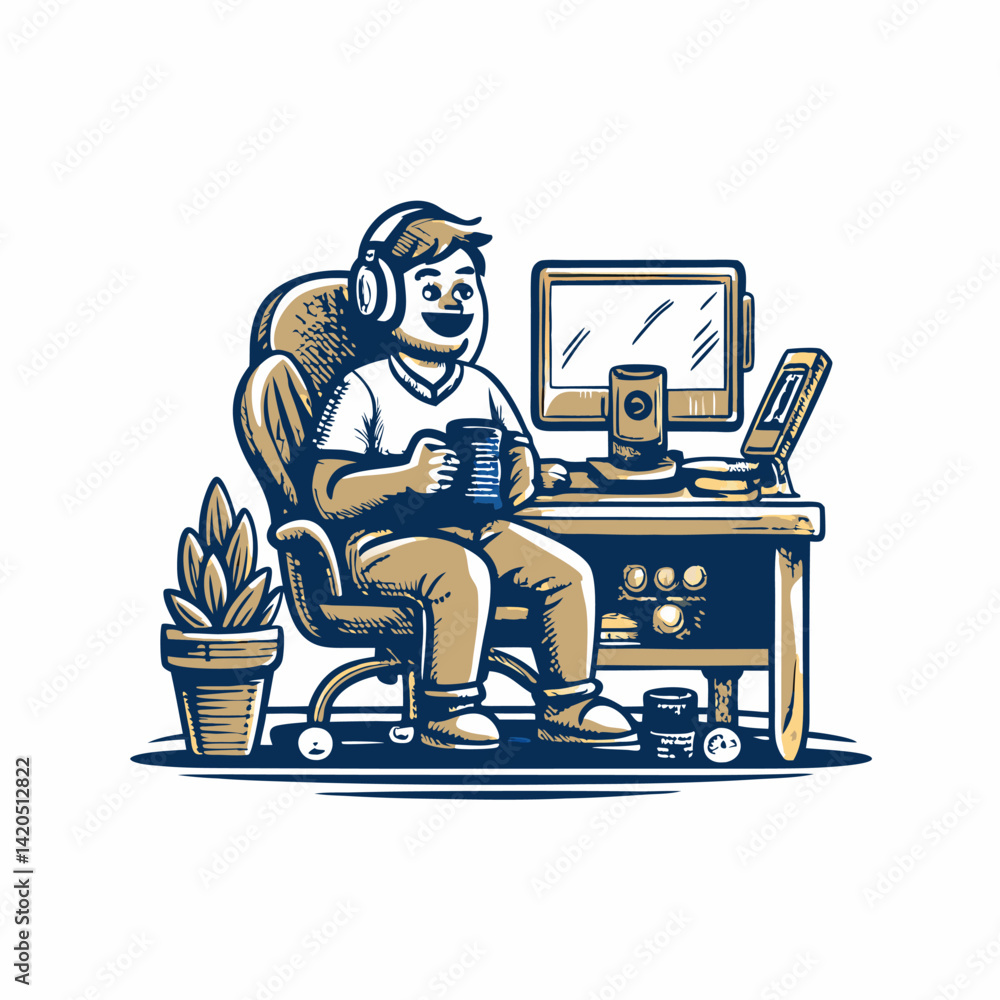 Hand drawn a person setting up a gaming stream image. Flat image isolated on white background. Vector illustration. Hand drawn a person setting up a gaming stream image. Flat image isolated on white background. Vector illustration.