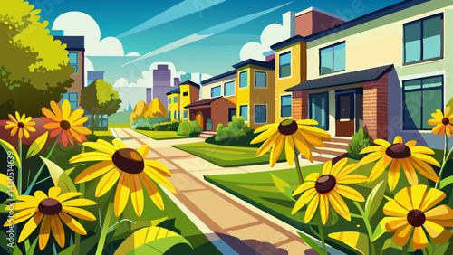Yellow black-eyed susan flowers blooming along suburban sidewalk with modern townhouses in background, creating cheerful summer neighborhood scene.
