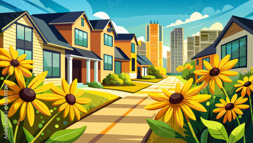 Yellow black-eyed susan flowers blooming along suburban sidewalk with modern townhouses in background, creating cheerful summer neighborhood scene.