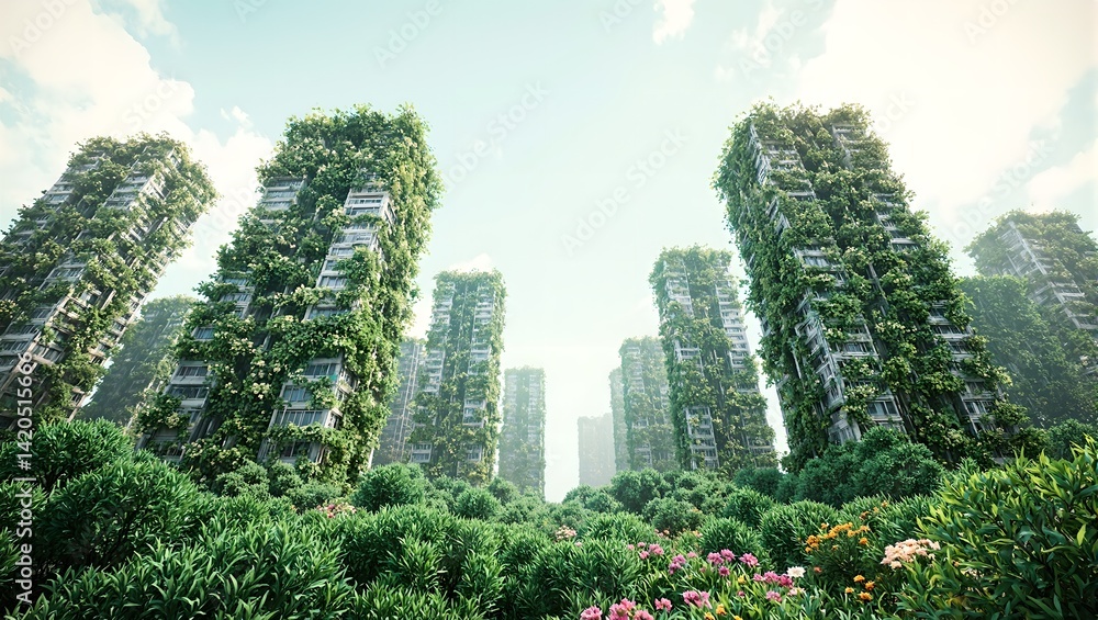 Fototapeta premium Surreal urban landscape with skyscrapers entwined in ivy and flowers showcasing a transformation into green towers
