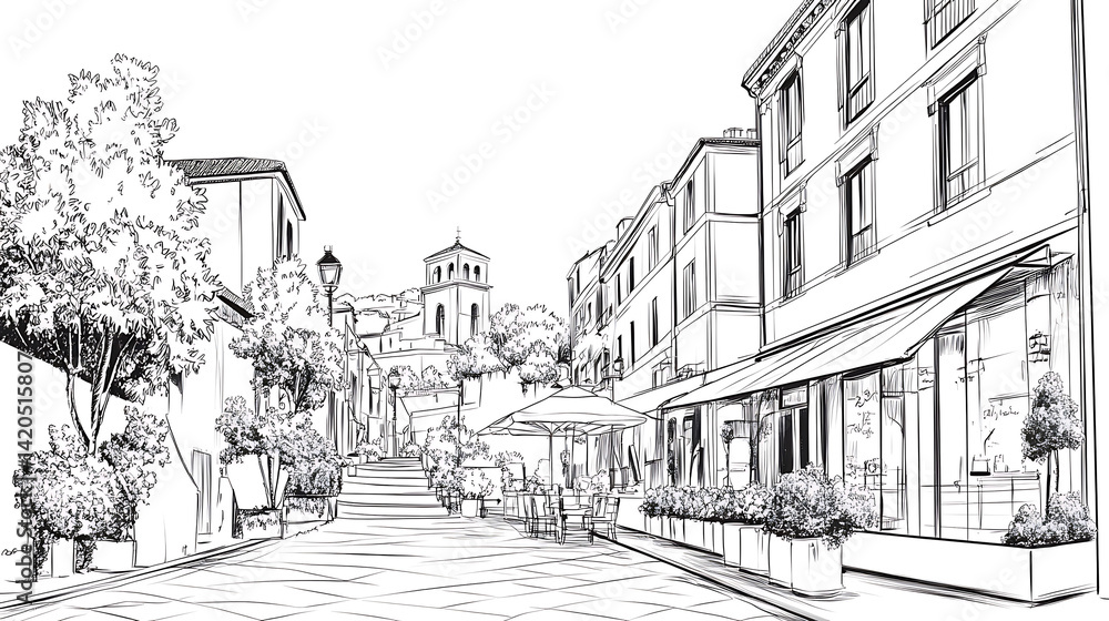 Black and white sketch of a charming European street with buildings shops trees and a distant church tower. Black and white sketch of a charming European street with buildings shops trees and a distant church tower.