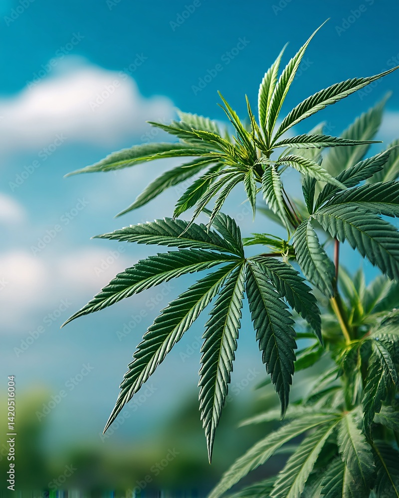 Close-up of cannabis plant leaves against a blue sky