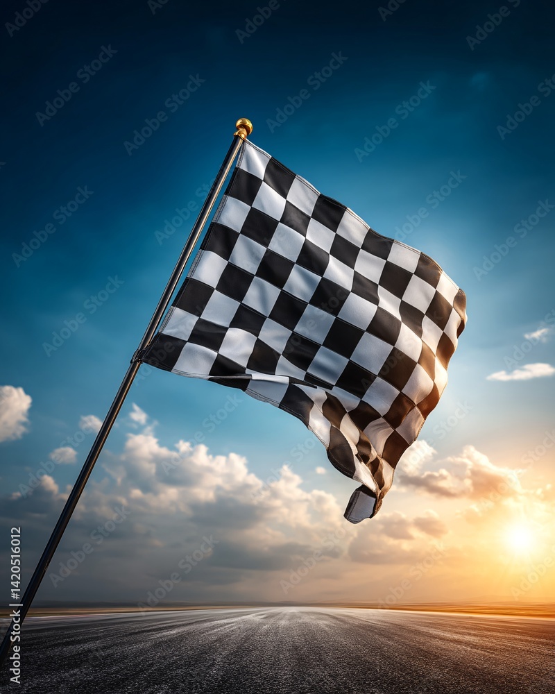 Checkered Flag at Sunset on Racing Track