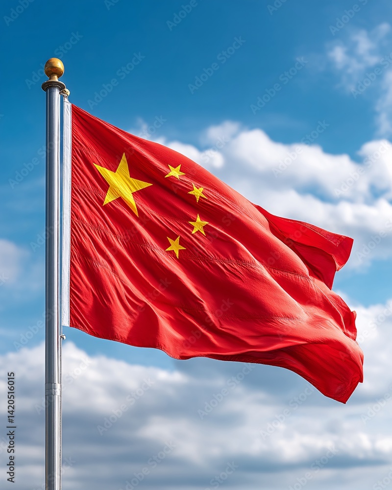 National flag of China waving against a blue sky
