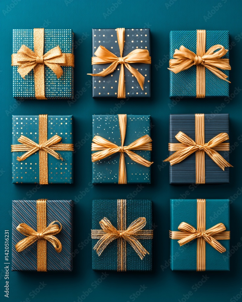 Colorful gift boxes with golden ribbons on teal background