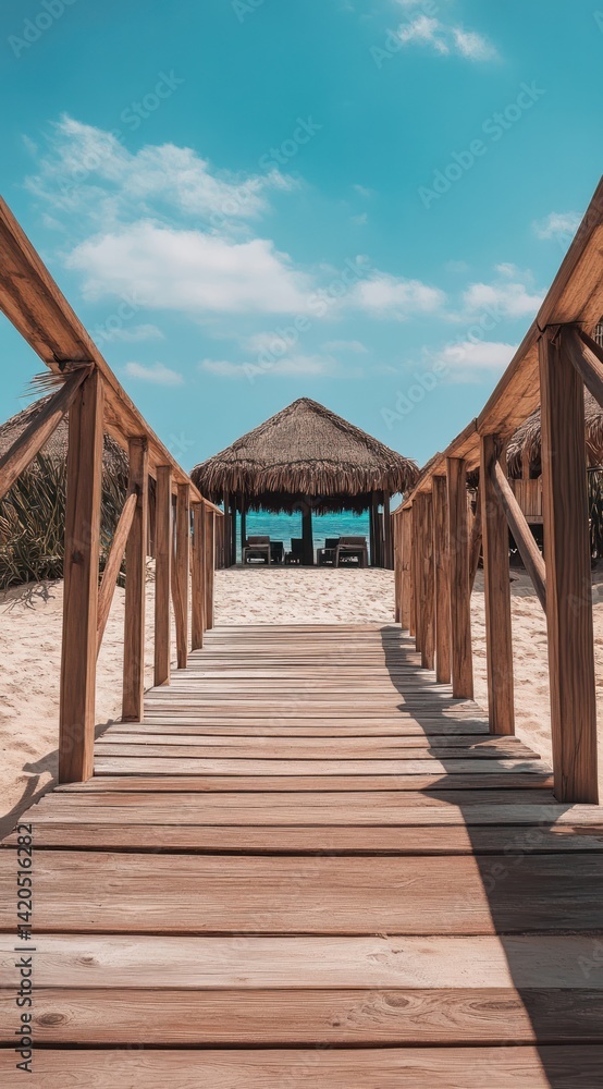 Beach walkway to thatched hut Beach walkway to thatched hut