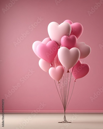 Colorful Heart-Shaped Balloons on Pink Background
