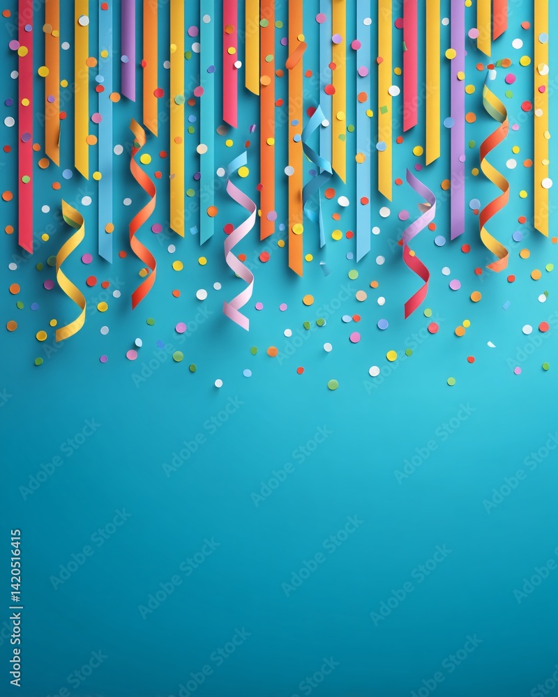 Colorful Streamers and Confetti on Blue Background