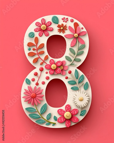 Decorative Number 8 with Flowers and Leaves